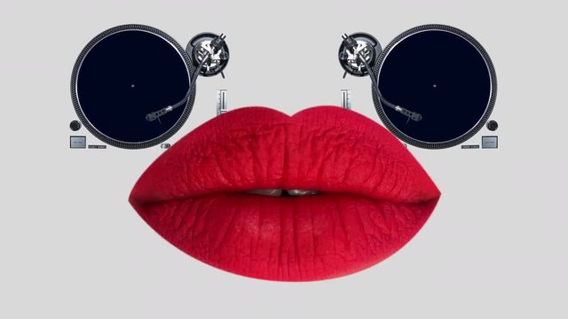 cutout of woman's beautiful full red lips with record turntables as eyes