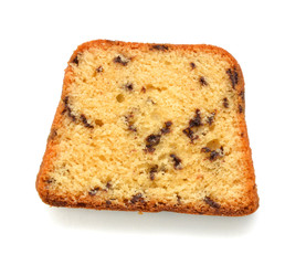 Sliced butter cake on white background