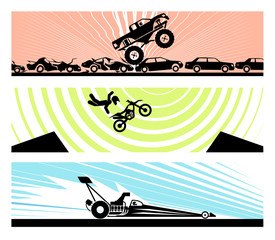 Exhibiting adrenaline sports. Bell Adrenaline Ranch, Drag Racing, Monster truck. Concept of modern extreme adrenaline sports. Vector illustration of motor show. © Dejan Jovanovic