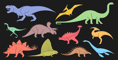 Vector set of geometrically stylized dinosaur icons. Different types of prehistoric dinosaur icons: trex, tyrannosaurus, triceratops,  brontosaurus, diplodocus, pterodactyl.  © Dejan Jovanovic