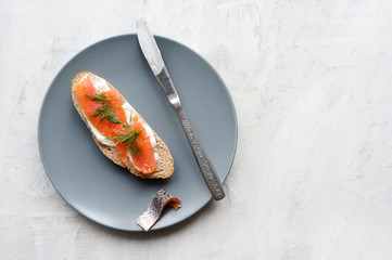 Toast with smoked salmon, cream cheese and dill on white concrete background. Copy space. Top view. 