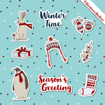 A set of Christmas stickers, scrapbook, gift tags with text, bunny, penguin, bobble hat, sock, warm wish items, wool, holly jolly celebration, decorated scrapbook wrapping paper season greeting.