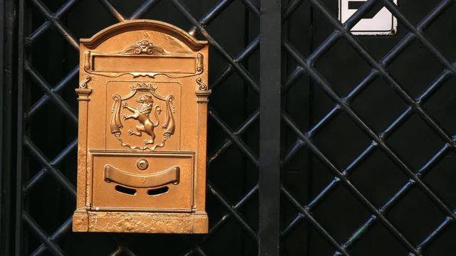 Golden wall mounted cast iron mailbox with embossed lion.