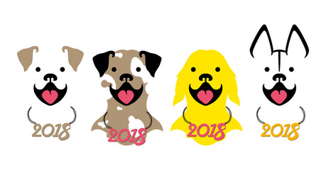 Vector illustration with four smiling dogs of different breeds. Dog smiles. Vector template for the new 2018 year.