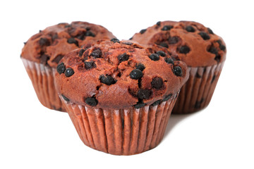 Muffin chocolate chip cup cake or cupcake three several group isolated on white background photo