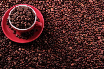 Red coffee cup and saucer for espresso or capuccino filled with roasted beans on a background of scattered dark coffee beans photo