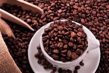 White coffee cup and saucer one single for espresso or capuccino filled with roasted beans with sack or bag and scoop on a background of scattered dark coffee beans photo