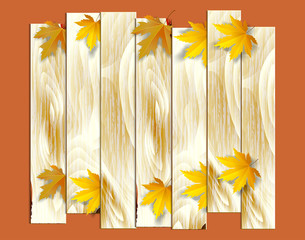 Autumn sale poster with fall leaves on wooden backgrounds.