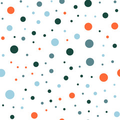 Colorful polka dots seamless pattern on black 26 background. Beauteous classic colorful polka dots textile pattern. Seamless scattered confetti fall chaotic decor. Abstract vector illustration.