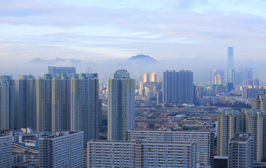 foggy cityscape in hong kong