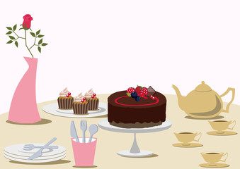 チョコレートケーキとお茶のセット。テーブルセット。