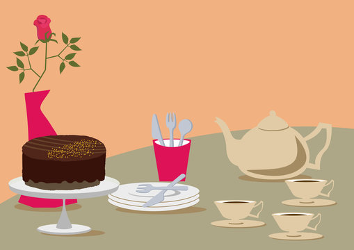 チョコレートケーキとお茶のセット。テーブルセット。