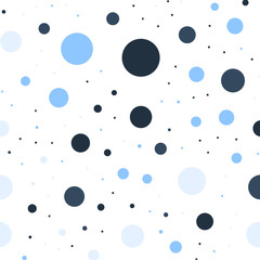 Colorful polka dots seamless pattern on white 15 background. Attractive classic colorful polka dots textile pattern. Seamless scattered confetti fall chaotic decor. Abstract vector illustration.