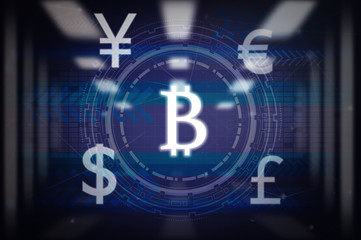Obraz premium Abstract photo of FINTECH connection over blurred server room background, Showing the cryptocurrency or digital money, Business Technology sceurity Concept.
