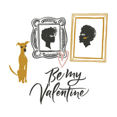Illustration for Valentine's day. Portraits of two lovers and waiting dog