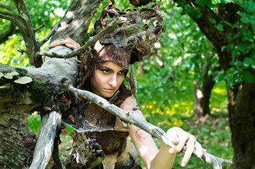 Dryad is watching, hiding in the branches of an old tree