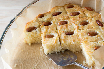 Pieces Basbousa Traditional Arabic Semolina Cake with Nuts Orange Blossom Water Copy space