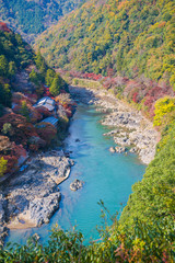 Fototapeta na wymiar Top view of the river and forest in autumn season at Arashiyama