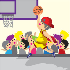 Obraz na płótnie Canvas Boy Play Basketball character design cartoon art basketball court Background illustration