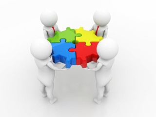 Partnership, Team work, Business men, person and a pieces of puzzle. Teamwork. 3d render