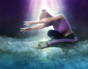 Obraz na płótnie Canvas Beautiful girl doing yoga on fantasy clouds 3d illustration