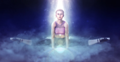 Beautiful girl doing yoga on fantasy clouds 3d illustration