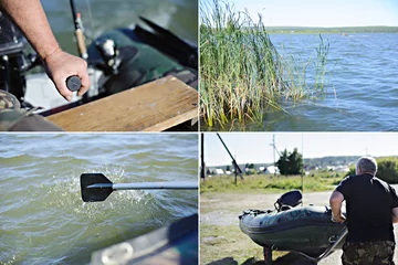 Foto op Canvas Collage. Man, inflatable boat, pond. © 060808