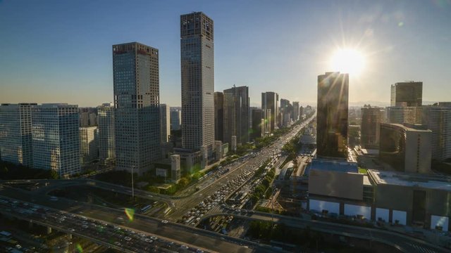 Timelapse. CBD Skyscrapers with Overpass Traffic,Beijing,China.