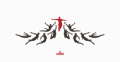 Leadership, freedom or happiness concept. Successful team leader. Vector illustration with people silhouette for business.