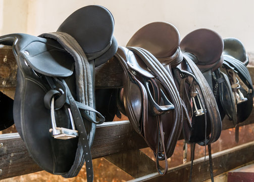 Fototapeta Rider Leather Saddles on fence
