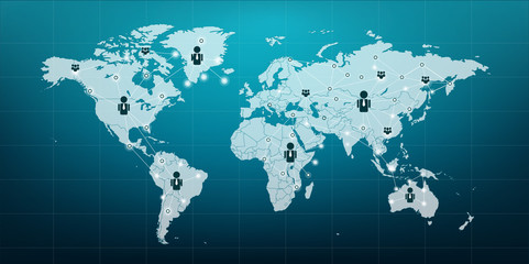 world map vector icon people connect to the network. Communications network map of the world Blue map Dark blue background