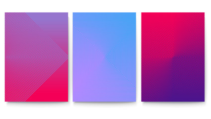 Minimalistic covers set with gradient backdrop. Posters with abstract geometric design. Vector banners ready for print, 3D illustration.