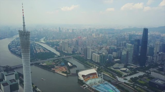 day guangzhou pearl river haixinsha island downtown canton tower aerial panorama 4k china
