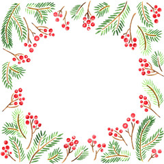 Watercolor Christmas frame composition of fir tree branches and holly berries