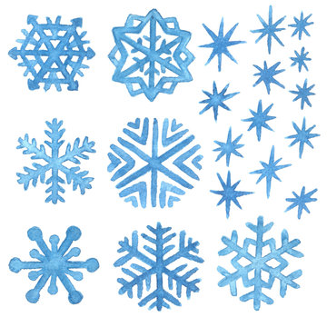 Watercolor snowflakes and stars. Christmas and New Year clip art collection
