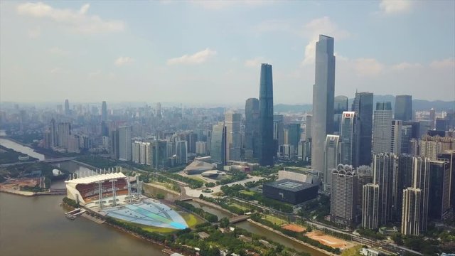 guangzhou sunny ay pearl river haixinsha island downtown part aerial panorama 4k china
