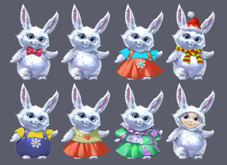 Collection of hand drawn cartoon white fluffy rabbit wearing different bright and colorful costumes, christmas hat, bow and scarf 