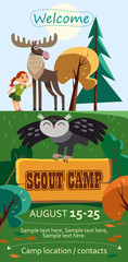 Kid's summer scout camp poster or flier. Vector illustration in cartoon style. Part 1.