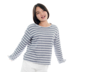 Beautiful asian woman is dancing, portrait studio on white background