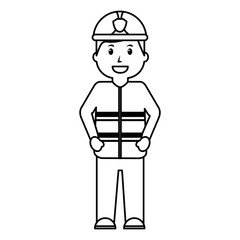 standing happy firefighter worker with uniform and helmet vector illustration outline image