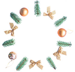 New Year composition with spruce branches and Christmas decorations in the style of minimalism isolated