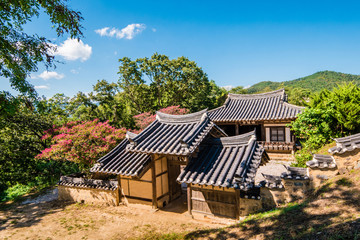 Gyeongju, South Korea - Yeong-gwijeong Pavillion of Yangdong Folk Village. (Sign board text is 