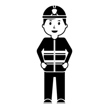 standing happy firefighter worker with uniform and helmet vector illustration black image
