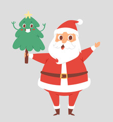 Christmas Santa Claus vector character pose with tree illustration Xmas man in red traditional costume and Santa hat