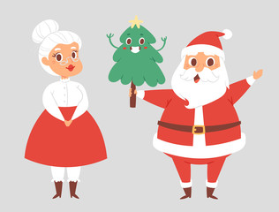 Christmas Santa Claus and wife vector character pose with tree illustration Xmas man in red traditional costume and Santa hat