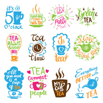Teatime quote set vector lettering cup of tea vintage print tea time typography poster design teapot five o clock isolated illustration.