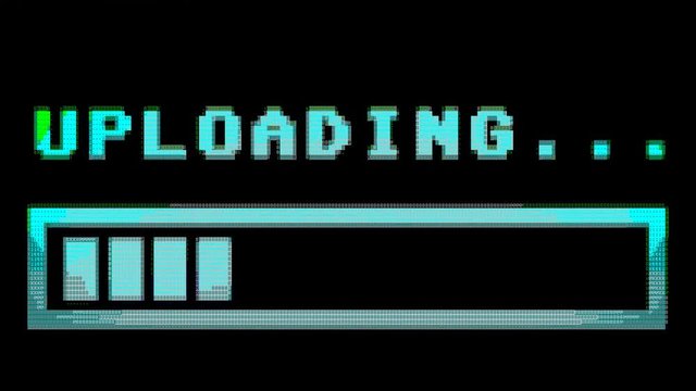 8-bit retro style uploading text with progress bar, with color hue (shift). ASCII 8 bit vintage PC terminal animation fx, of the time when computers didn't have pixel graphics.
