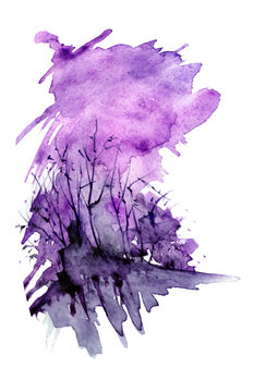 Watercolor abstract spot with outlines, silhouette, tree, bush, windy weather. Country landscapes against the purple, pink, sunset sky. Fashionable art illustration. A beautiful splash of paint.