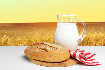 Bread and milk on the table