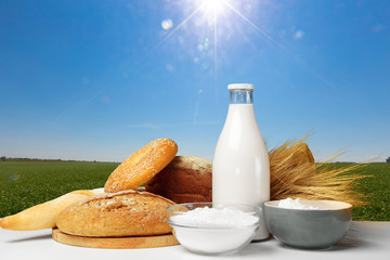 Bread and milk on the table